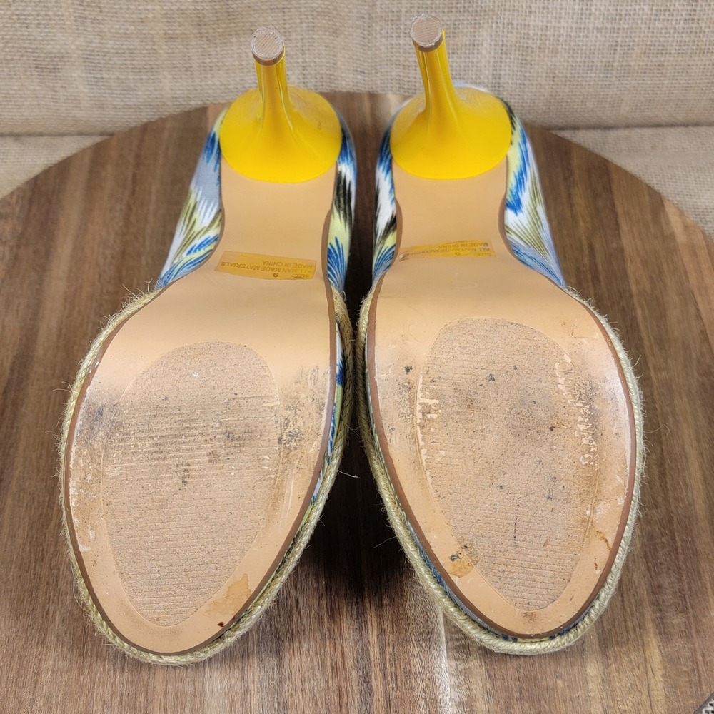 Qupid Platform Heels Blue Yellow White Print Espadrille Pumps Women's‎ Size 9 - Picture 10 of 12